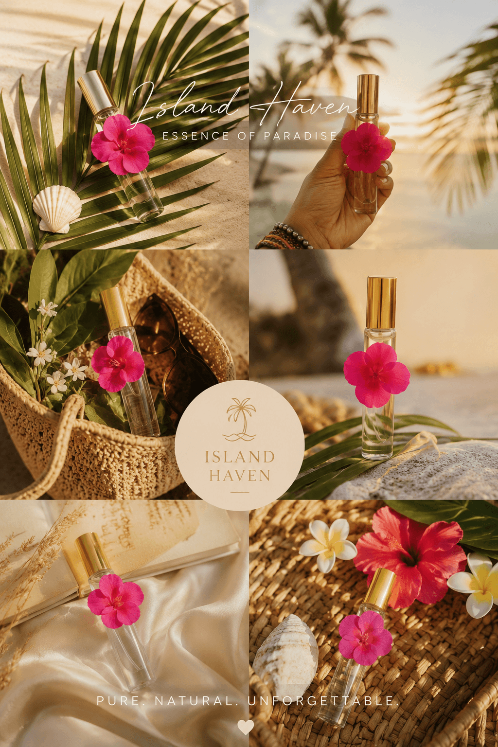 Island Haven sample-size collage with tropical styling, hibiscus accents, and travel-ready fragrance vials