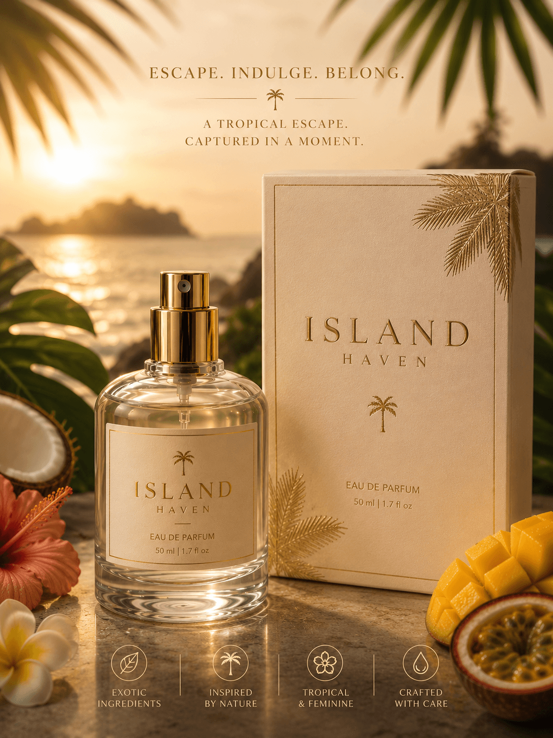 Island Haven Eau de Parfum bottle resting on a sunlit blue-and-sand island setting