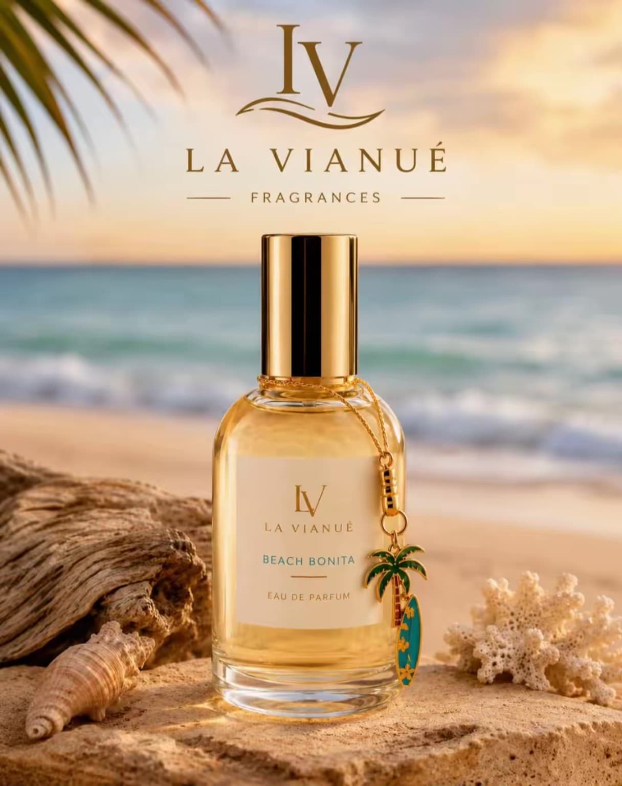 Beach Bonita Eau de Parfum bottle on a golden beach at sunset