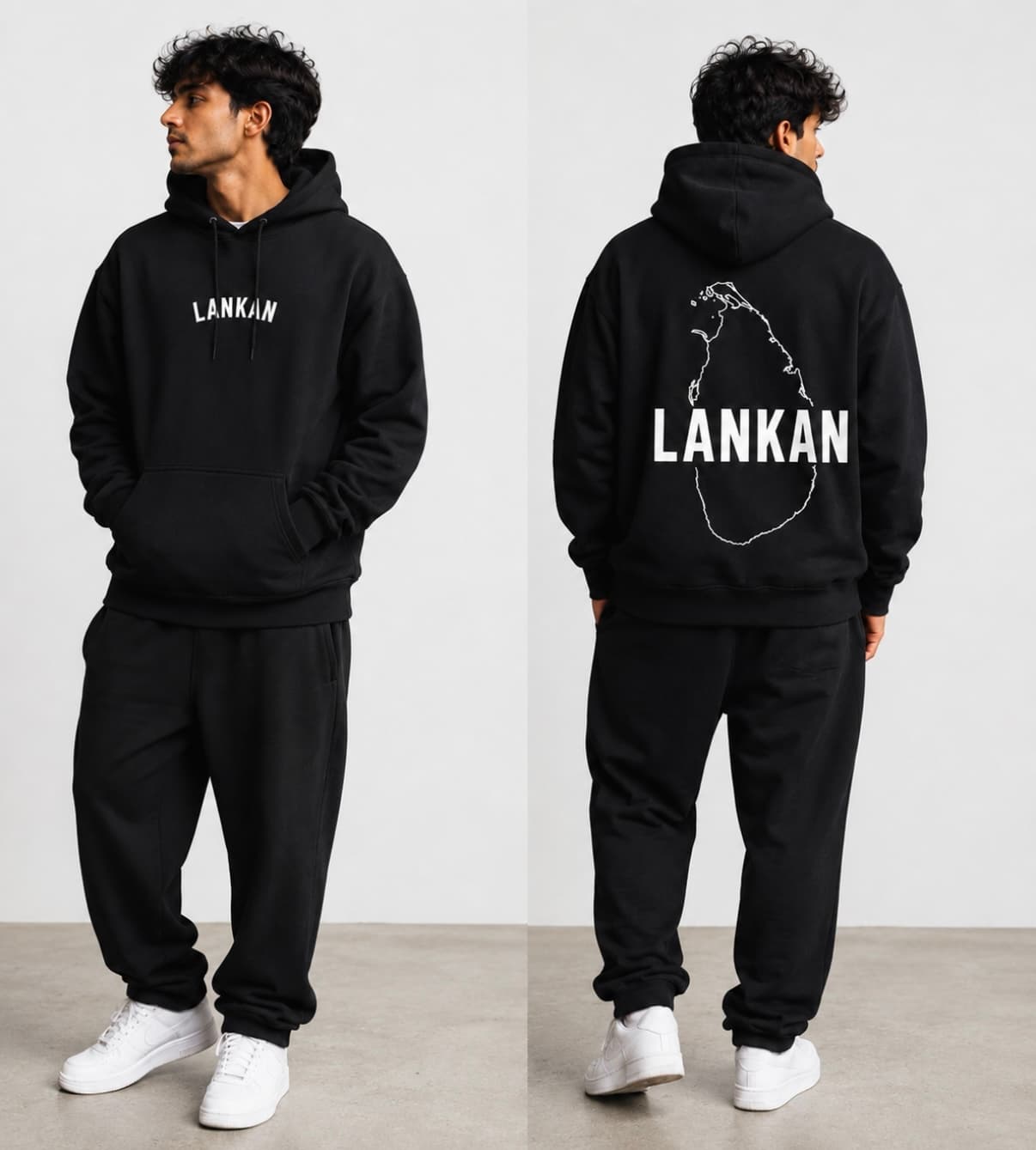 Front and back of the Lankan hoodie in black, with white LANKAN lettering on the chest and the island outline across the back, worn with matching sweatpants